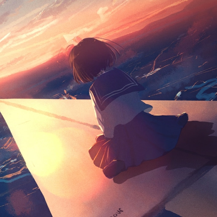 anime girl flying a paper plane