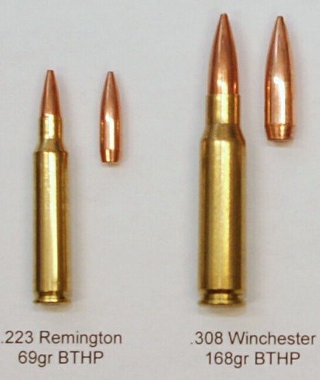 The .223 Remington (5.56 NATO) round compared with .308 Winchester (7.62 NA...