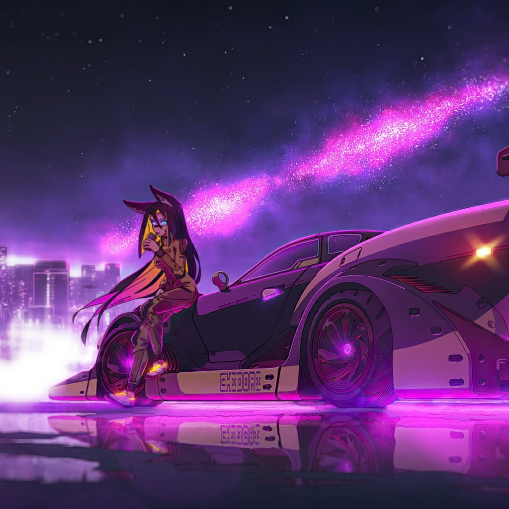 Cyberpunk anime girl sitting on her car