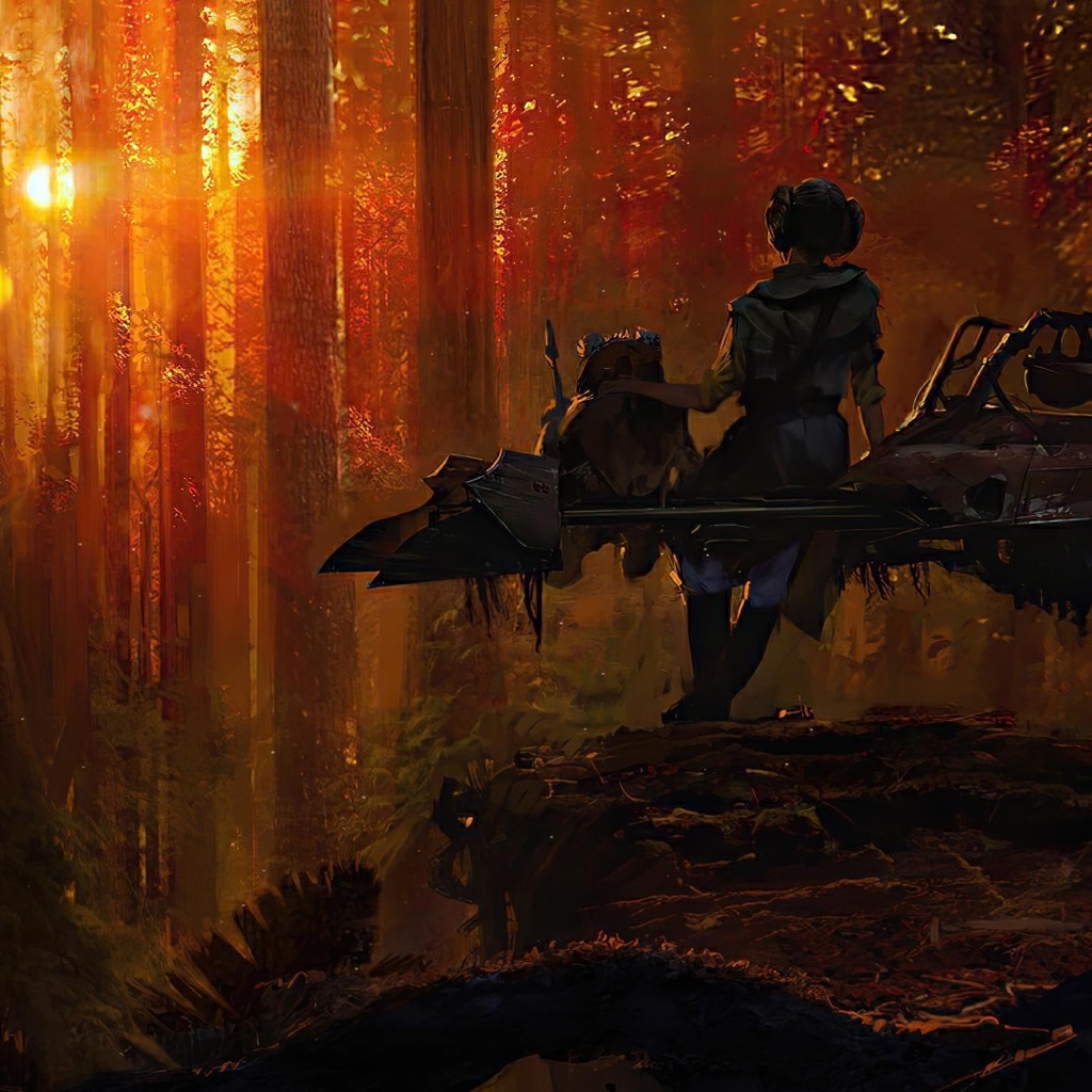 Endor Sunset Star Wars Ewok and Leia