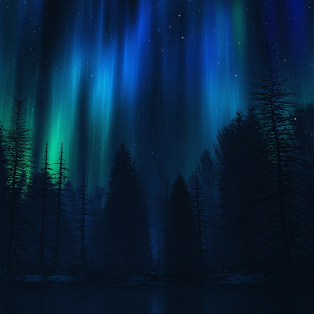 Blue Green Northern Lights River Trees Nature Stars Water Night Winter