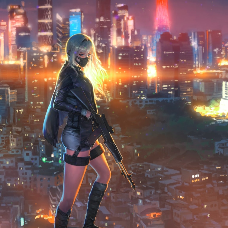 Anime Girl Rifle City Night 4K-[Audio Responsive] | Wallpapers HDV
