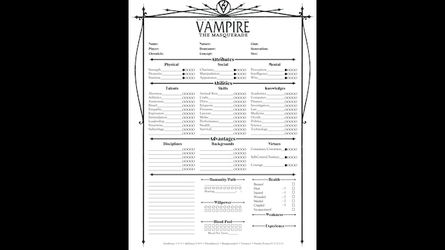 Vampire The Masquerade 20th Anniversary Edition Character Sheet