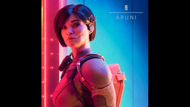 Aruni from the game rainbow six siege, sitting on crates, robotic