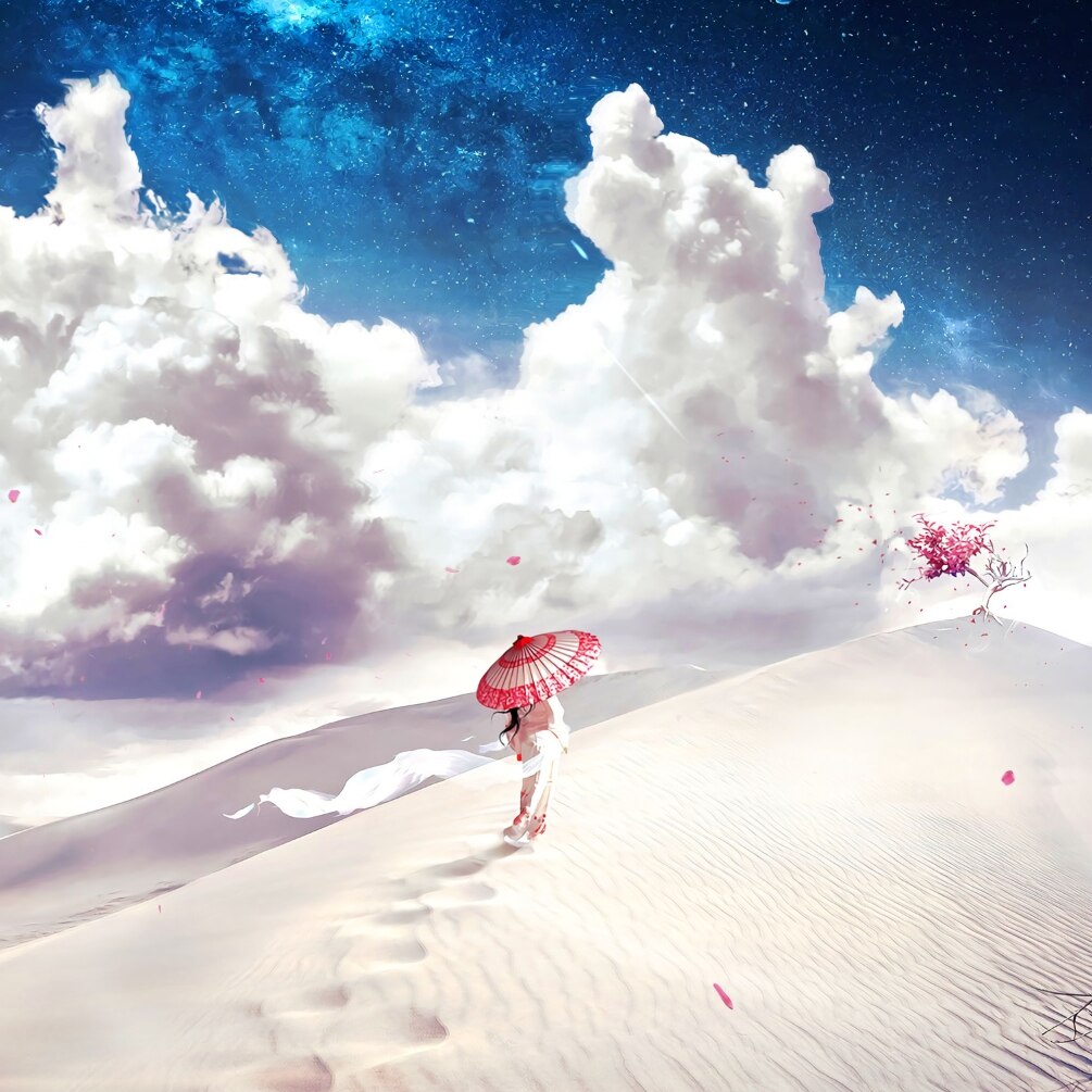 月下樱花漫步沙漠流星雨中-Walking in the desert  meteor shower with cherry blossoms under the moon（试作144）