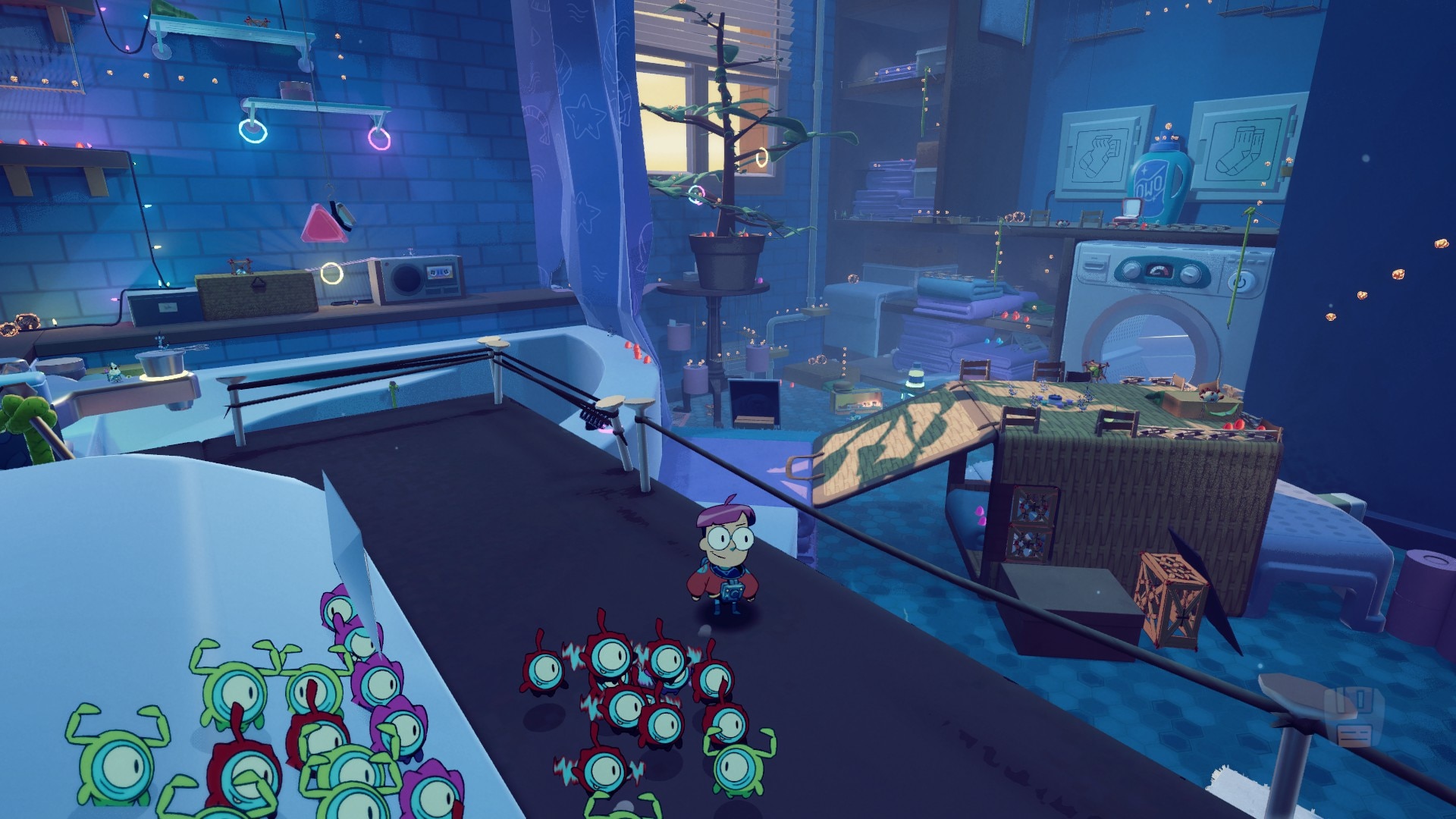 Picture: Milo is overlooking a huge bathroom area with many neon lights and collectables.