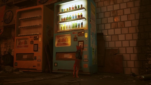 Где находится торговый автомат в пабге. Stray игра трущобы. Игровые автоматы в магазинах. Торговый автомат Stray. Cyberpunk автомат с газировкой.