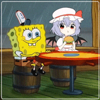 Remilia eating a Krabby Patty with SpongeBob at the Krusty Krab during a rainy day.