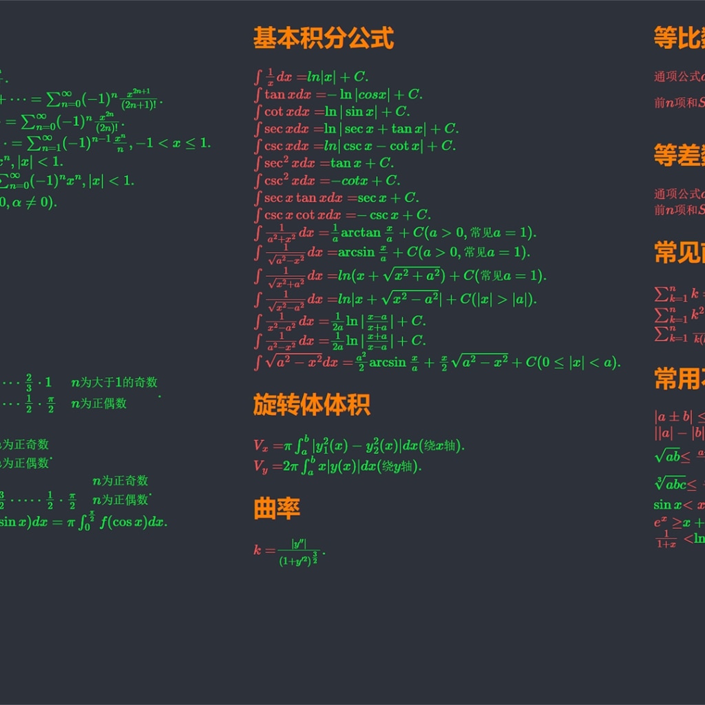 高等数学公式 考研数学公式 常用公式 泰勒公式 积分求导Dark Theme