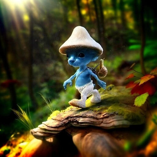 Cat dressed as smurf in the forest