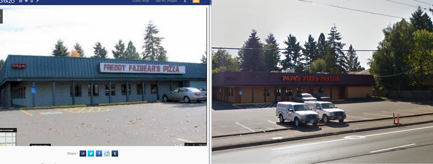 I visited a holy site today, and brought an appropriately low quality  camera to recreate the infamous FNaF in real life picture. Papa's Pizza  Parlor at 1577 Coburg Rd, Eugene, Oregon 97401. 
