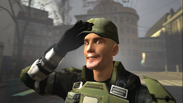 A saluting and happy UNSC Marine.