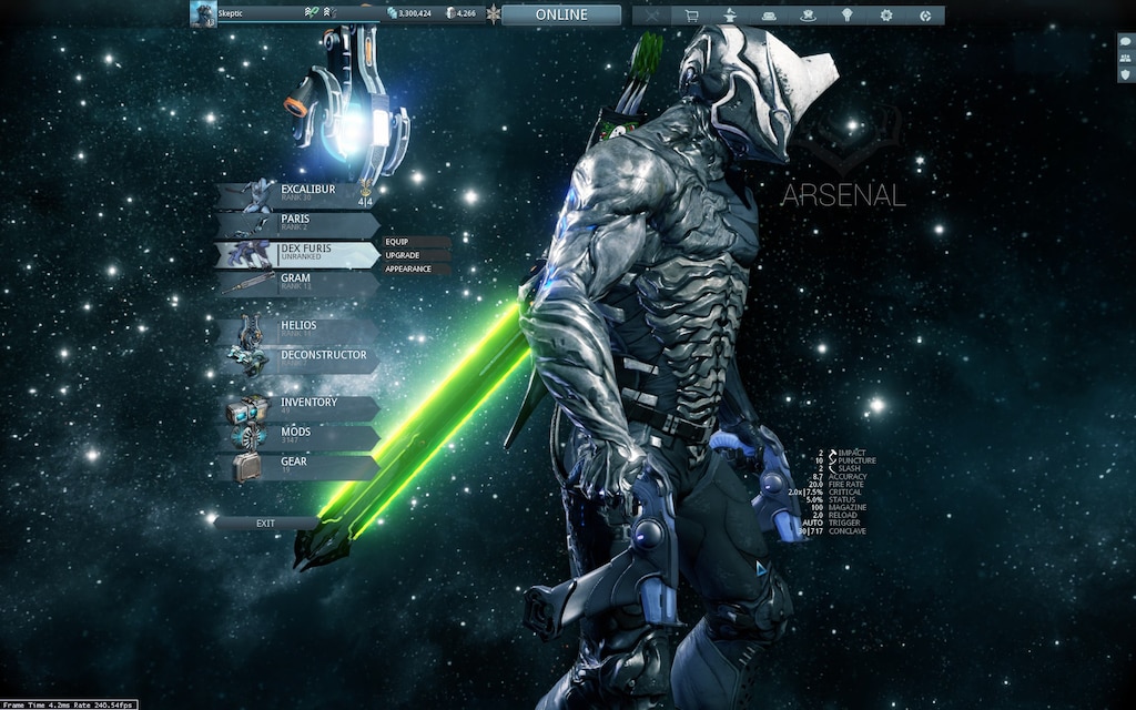 Steam コミュニティ スクリーンショット A Side View Of The New Limited Aniversery Excalibur Proto Armor Skin That Is A Hommage To The Dark Sector Game A Precursor To Warframe