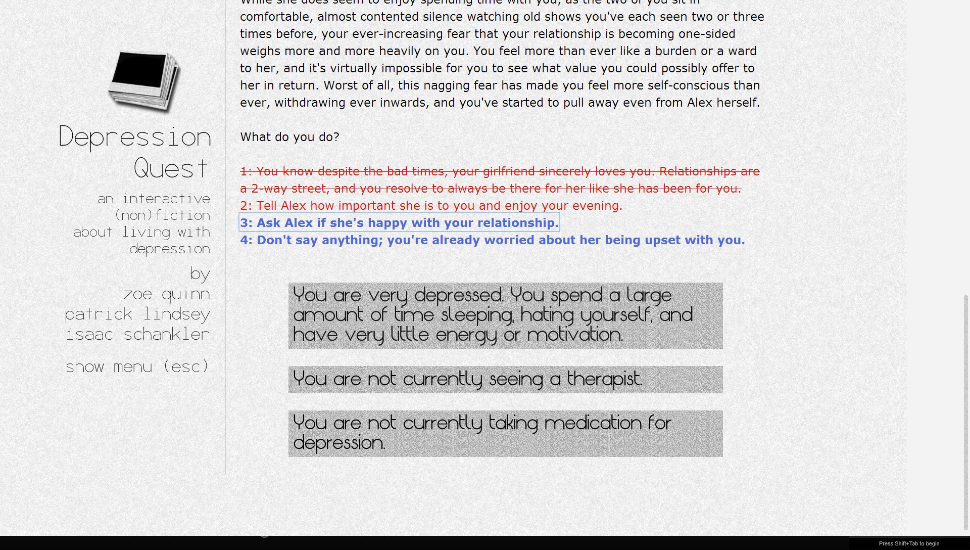 Depression Quest Review - fasrbug