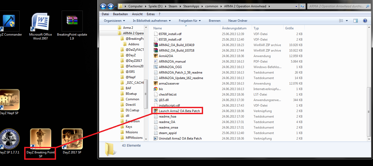 ... latest Beta Patch (I always copy it to my desktop - see the screenshot  - and then rename it to what SP mod it is; in this case "DayZ Breaking  Point SP")