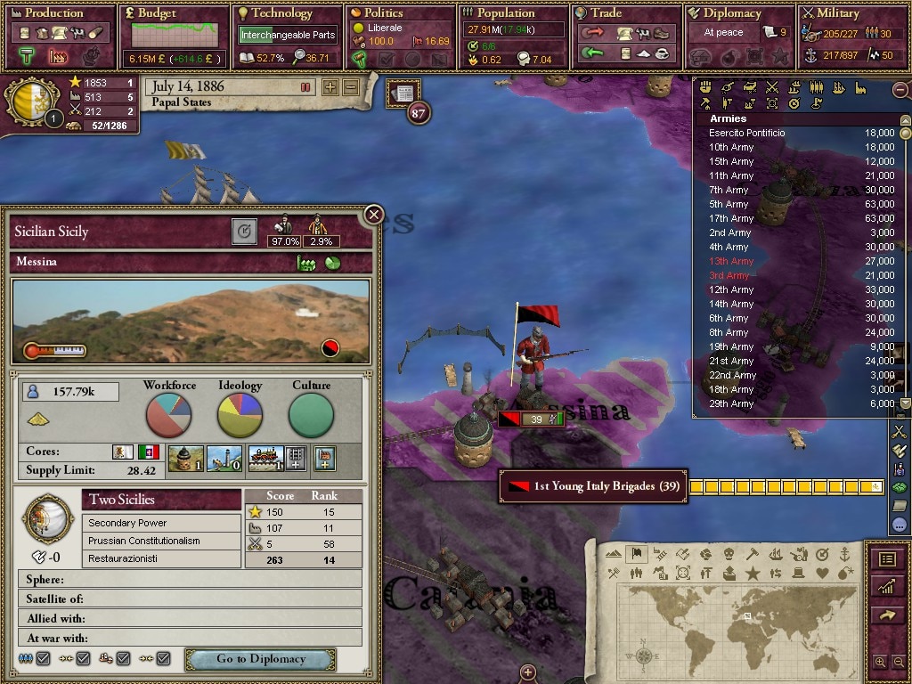 Steam Community Screenshot Podmodの教皇領プレイ時に青年イタリアがナポリ 両シチリア を占領するとローマ以外を植民地含め全部イタリア王国に持ってかれるという理不尽なイベントがあってひどい
