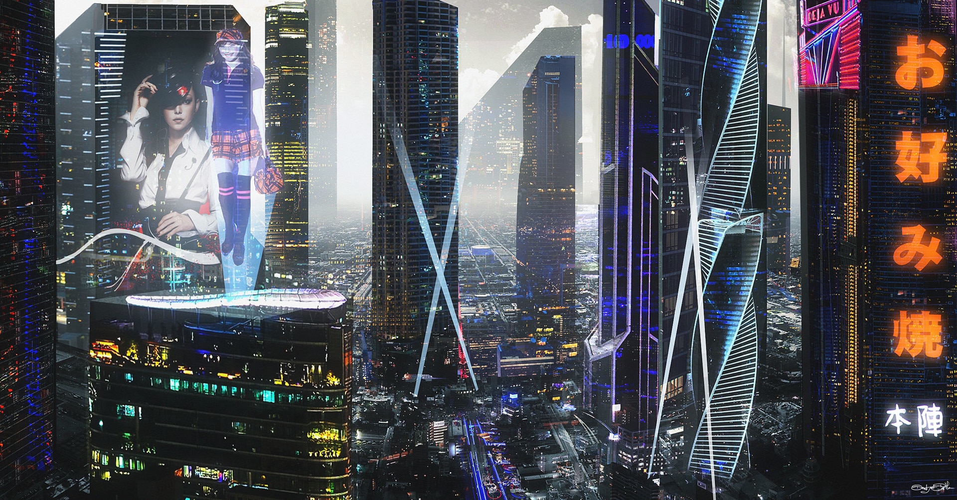 Las vegas monorail. background is a bright cyberpunk city skyline