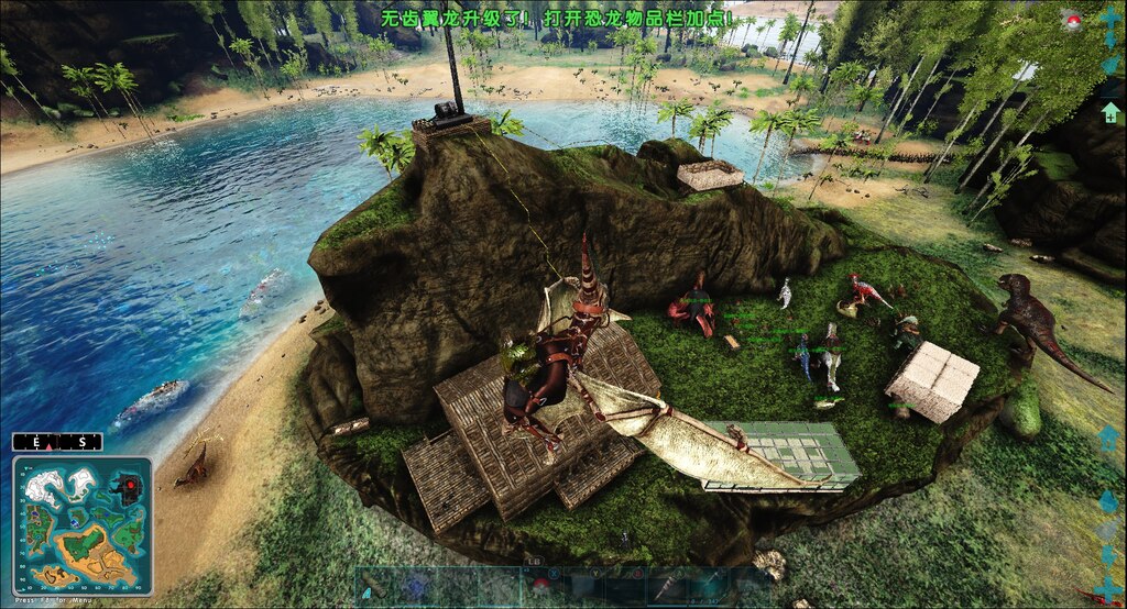 Steam Community Screenshot 我尽力了 话说稻草屋顶是真的靠不住 好不容易孵个龙 从两个屋顶之间掉下去了 这霸王龙也是个菜鸡 在下面不知道被什么玩意差点咬死 镰刀龙都没事
