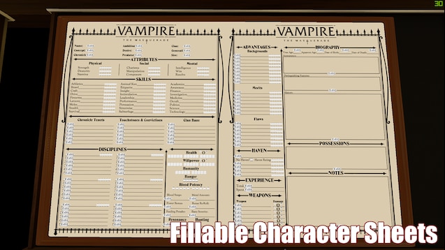 Vampire the Masquerade Character Sheet - dicegeeks