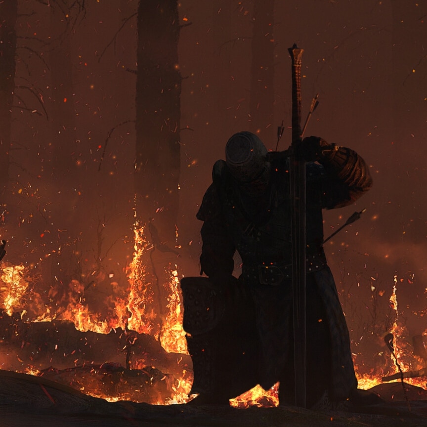 Fallen Knight in Burning Forest