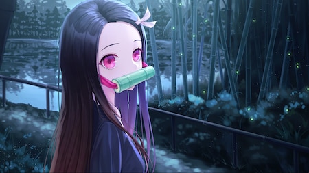 Nezuko Near A Lake 2560 X 1440 Fireflies Water Kimetsu No