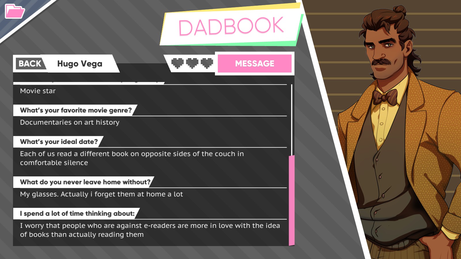 Dream Daddy Hugo DadBook Profile