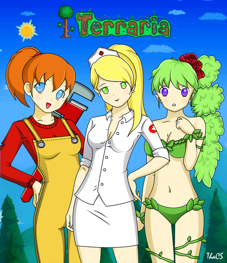 Тусовщица террария. Terraria Дриада лост герл. Terraria механик арт. Механик террария аниме. Медсестра из террарии