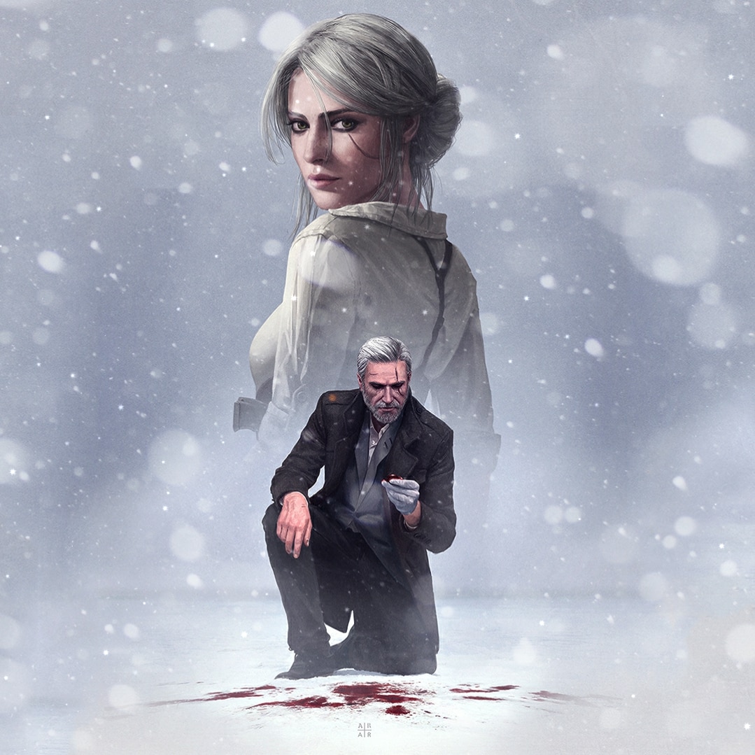 Detective Geralt and Ciri with snow Witcher 3 [1980x1080]