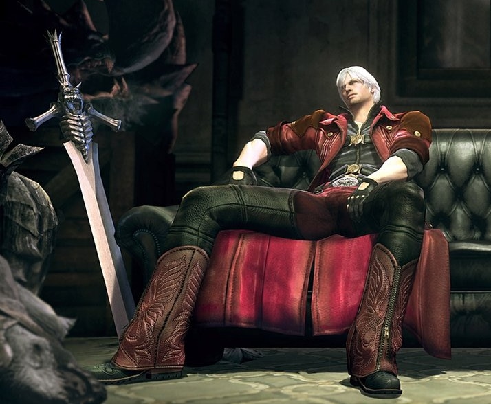 Dante from devil may cry 4 sitting confidently at a restaurant