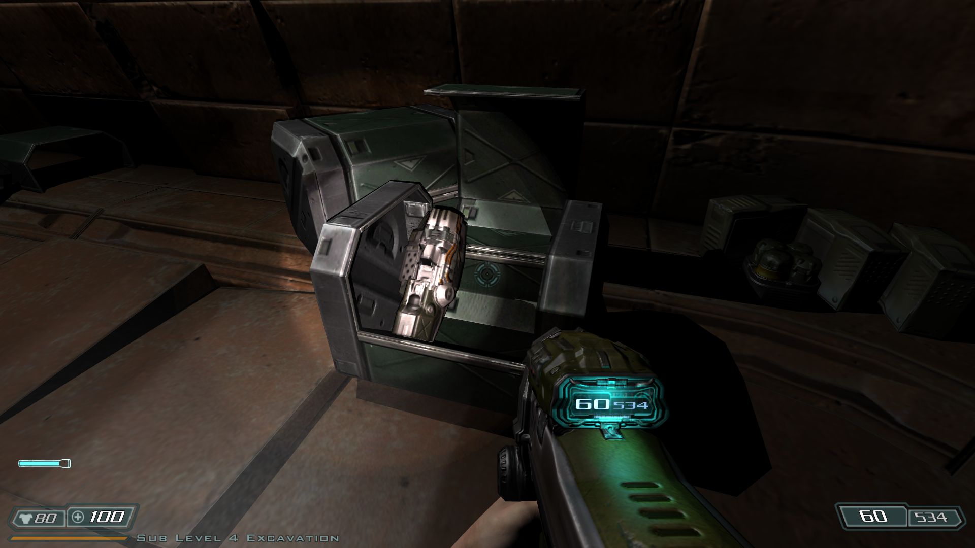 A BFG is one of the weapons in a crate at the start of the level. 