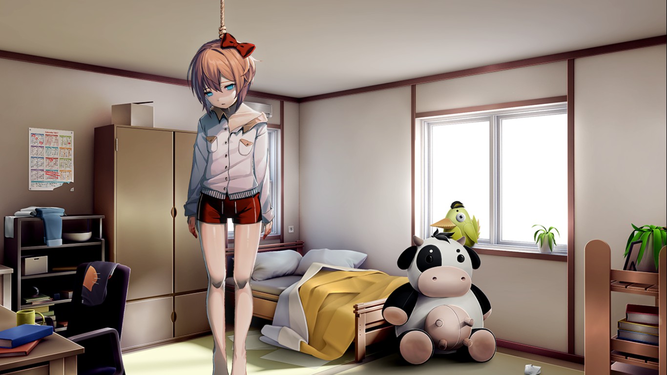 sayori hanging in her room