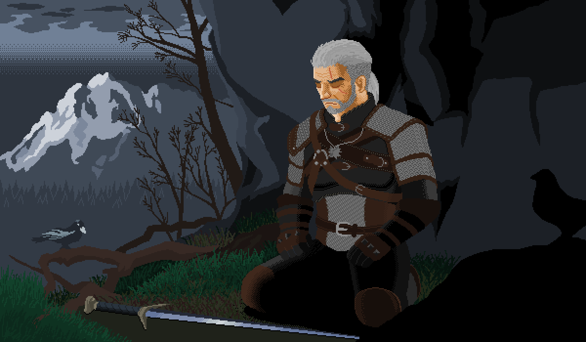 Witcher gif. Пиксельный Ведьмак 3. Геральт из Ривии медитирует. Ведьмак 3 пиксель арт. Ведьмак пиксель гифка