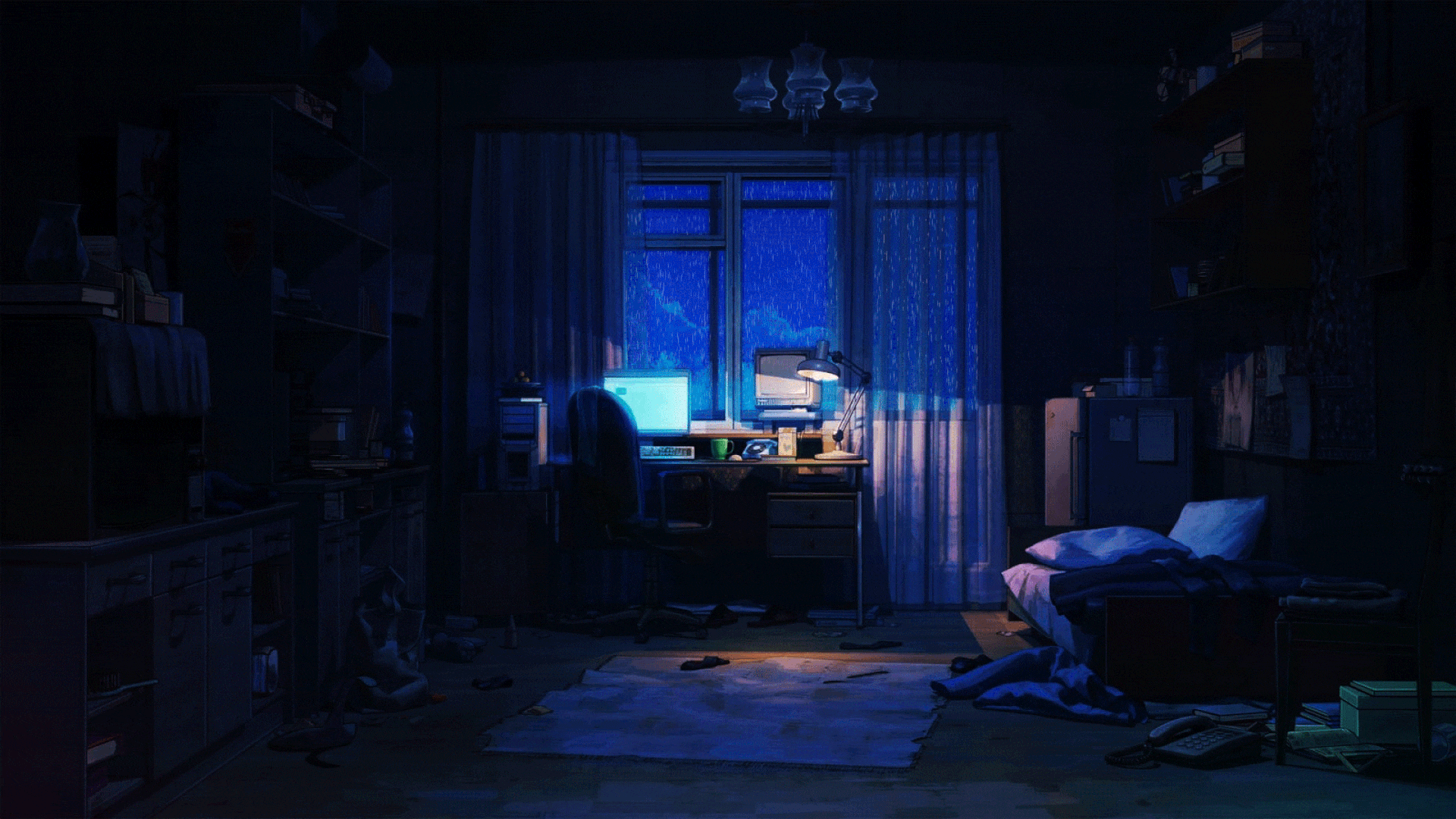 Dark room with a pc and raining outside