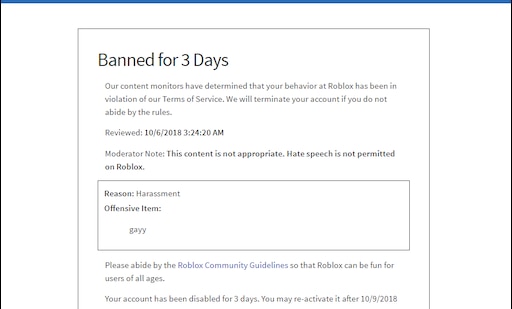How To Reactivate Your Roblox Account After Being Banned - getting a warning getting banned 3 days roblox youtube