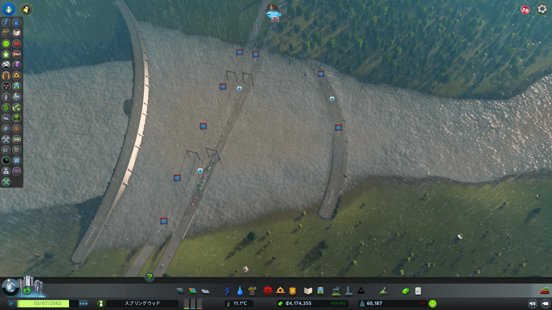 Steam Community Screenshot 気まぐれで水力発電 ダムを作ったところ高速道路が水没 もっと上流の川辺の家々も水没してた ダムを作るなら護岸工事もセットで考えたほうがいいなぁ