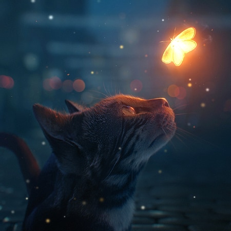 Cat Looking at Glowing Butterfly