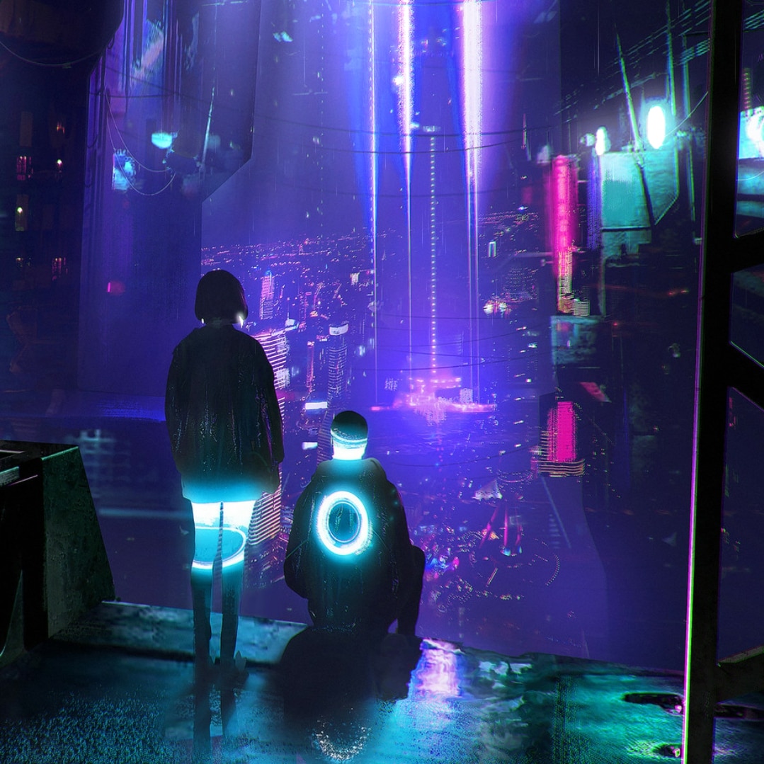 Cyberpunk girl standing over city