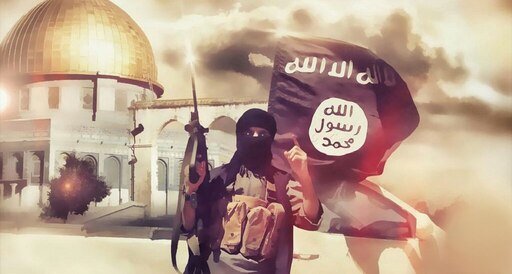 Террористы на фоне флага игил. Воин джихада.