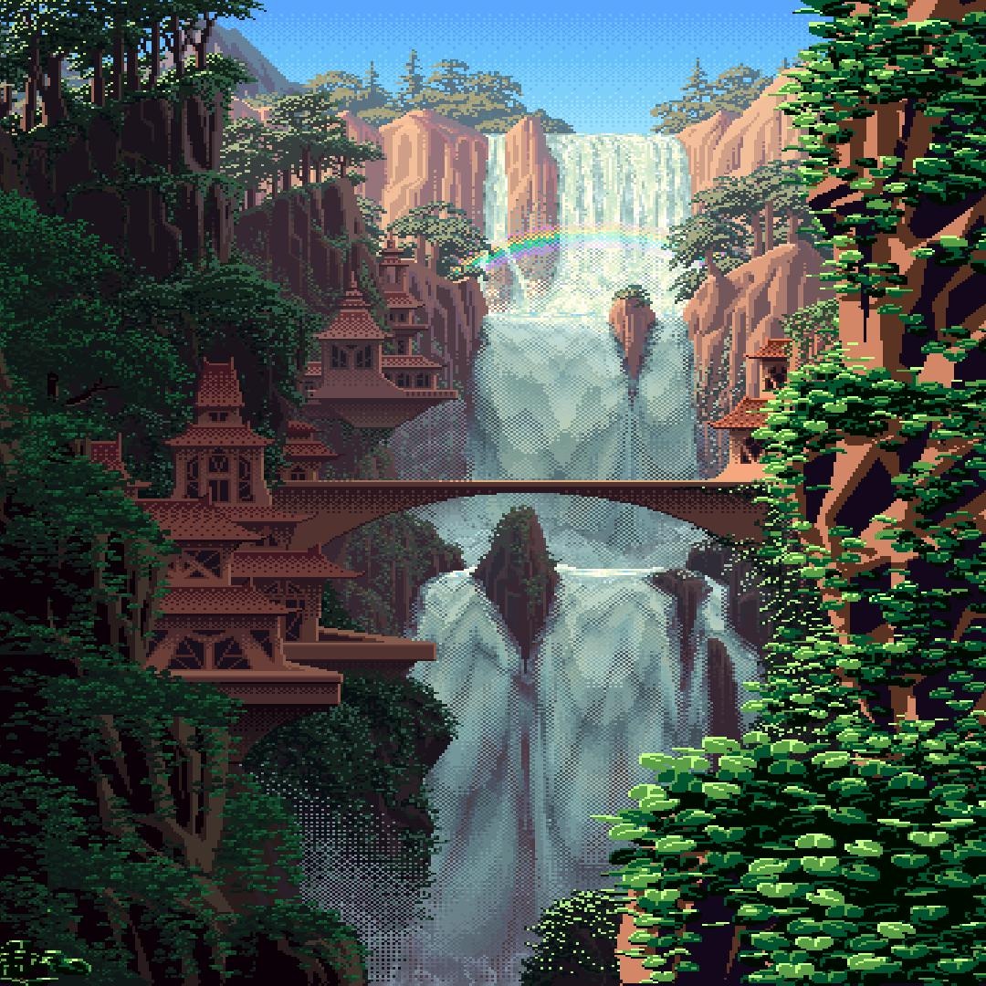 8-Bit Pixel Waterfall Morning | Wallpapers HDV