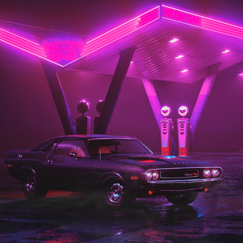 Neon Car Gas-Station 80s